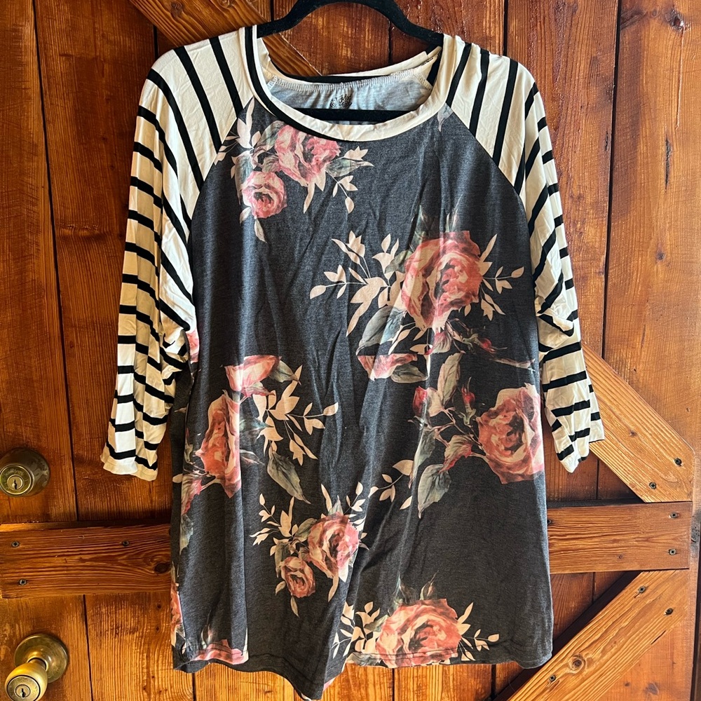 Tickled Teal Floral and Striped Long Sleeve Top